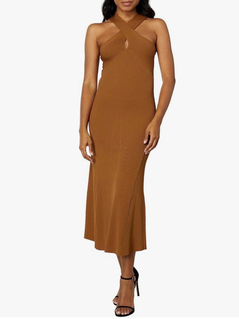 EN SAISON Lani Rib Knit Flared midi Dress, Rust Brown